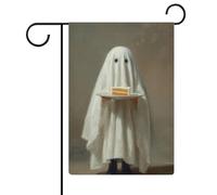 Simpatico fantasma che tiene il piatto per torta da giardino, bandiera stagionale, festività, juta, doppia faccia, bandierine per esterni, 30,5 x 45,7 cm