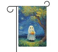 Simpatico fantasma che tiene la frutta sotto l'albero Bandiera da giardino stagionale Vacanze Bifacciali Casa Yard Bandiere esterne 30,5 x 45,7 cm