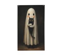 Simpatico fantasma che tiene un gatto nero cartone animato bandiere per la casa da cortile, 0,9 x 1,5 m, striscione di auguri con occhielli per interni ed esterni, decorazioni per la casa
