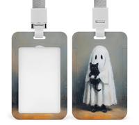Simpatico fantasma che tiene un gatto nero porta badge con clip retrattile porta carte di credito protettore nome badge per lavoro ufficio medico infermiera