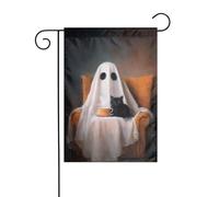 Simpatico fantasma in una poltrona con gatto nero bandiera da giardino 30 x 45 cm verticale su entrambi i lati decorazione per casa colonica vacanze esterne bandiera cortile