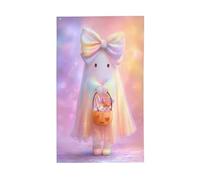 Simpatico fantasma pastello con grande fiocco iridescente, bandiere per la casa da cortile, 0,9 x 1,5 m, striscione di auguri con occhielli per interni ed esterni, decorazioni per la casa