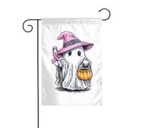 Simpatico fantasma rosa strega cappello con bastone bandiera da giardino 30 x 45 cm verticale su entrambi i lati casa colonica vacanze decorazioni esterne bandiera cortile