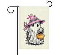 Simpatico fantasma rosa strega cappello con bastone bandiera da giardino stagionale vacanza iuta doppia faccia casa cortile bandiere esterne 30,5 x 45,7 cm