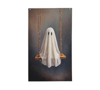 Simpatico fantasma su vecchio altalena in legno per casa da cortile, striscione con occhielli per interni ed esterni, decorazioni per la casa