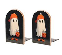 Simpatico fermalibri in legno con fantasma bianco con cappello da baseball arancione, 2 pezzi, robusto, organizer da scrivania per casa e ufficio
