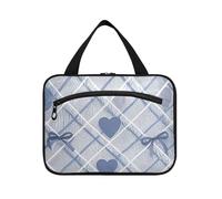Simpatico fiocco blu con cuore appeso borsa per il trucco per le donne con gancio, borsa per trucco trapuntata espandibile di design per accessori must have campeggio cartera para maquillaje L