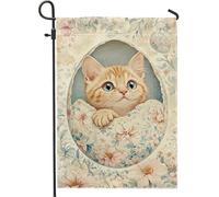 Simpatico gattino arancione con bandiera da giardino a uovo, decorazione floreale per la casa con animali primaverili ed estivi, decorazione per la casa su entrambi i lati, ideale per feste di vacanza