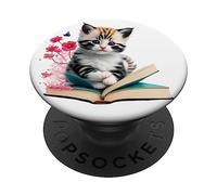Simpatico gattino con un libro e fiori Amante dei gatti Leggi il topo di biblioteca PopSockets PopGrip Adesivo