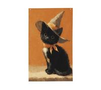 Simpatico gattino nero che indossa cappello da strega, bandiere per la casa da cortile, 0,9 x 1,5 m, striscione di auguri con occhielli per interni ed esterni, decorazioni per la casa