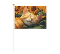 Simpatico gatto arancione nel campo di girasoli piccole bandiere tenute in mano, mini bandiere su bastone per feste, attività di squadra, sfilate, decorazione per le vacanze, confezione da 10