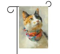 Simpatico gatto calico che indossa una sciarpa colorata bandiera da giardino stagionale vacanza iuta doppia faccia casa cortile bandiere esterne 32 x 47 cm