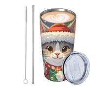 Simpatico gatto canta canti natalizi da 590 ml, in acciaio inox, isolato, da viaggio, a prova di perdite, tazza da caffè con coperchio e cannuccia, ideale come regalo per donne, uomini e amanti