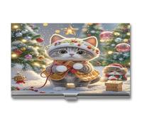 Simpatico gatto canta canti natalizi porta biglietti da visita per uomini e donne custodia professionale in acciaio inossidabile custodia sottile flip cover borsa porta biglietti da visita multi