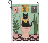 Simpatico gatto che legge sul WC, bandiera da giardino, verde menta, decorazione per la casa per tutte le stagioni, divertente decorazione per interni ed esterni, 30,5 x 45,7 cm