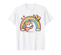 Simpatico Gatto con Arcobaleno e Farfalla - Kawaii Kitten Art Maglietta