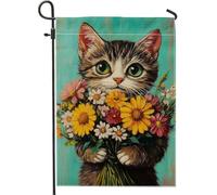 Simpatico gatto con fiori bandiera da giardino, striscione decorativo floreale colorato per la casa, bandiera da cortile in iuta su entrambi i lati, per primavera estate decorazione per prato