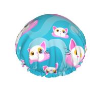 Simpatico gatto con orecchie rosa Cuffia da doccia da donna, impermeabile, riutilizzabile, con cordino elastico lavabile, adatta per capelli lunghi e trecce, ideale per la doccia.