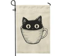 Simpatico gatto in tazza da caffè bandiera da giardino, bandiera beige per la casa da cortile, decorazione stagionale per prato all'aperto su entrambi i lati, regalo per gli amanti degli animali