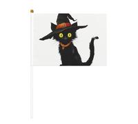 Simpatico gatto nero che indossa cappello da strega, piccole bandiere tenute in mano, mini bandiere su bastone per feste, attività di squadra, sfilate, decorazione per le vacanze, confezione da 10