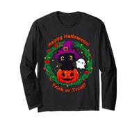 Simpatico Gatto Nero di Halloween con Cappello da Strega Divertente Design Maglia a Manica