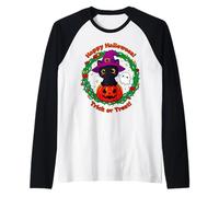 Simpatico Gatto Nero di Halloween con Cappello da Strega Divertente Design Maglia con Maniche Raglan