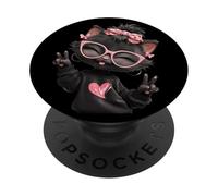 Simpatico gatto nero gattino occhiali segno pace fiocco rosa design PopSockets PopGrip Adesivo