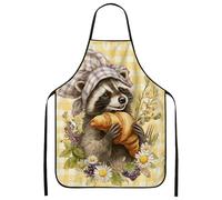 Simpatico grembiule da cucina con procione, giallo a scacchi animali, da chef floreale primaverile, da indossare per cuocere barbecue, giardinaggio, regalo per adulti, 1 pezzo