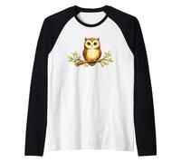 Simpatico Gufo del Bosco su Ramo Stravagante Natura Uccello Opera d'Arte Maglia con Maniche Raglan