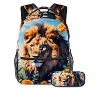 Simpatico leone e fiore che si distinguono dalla folla, zaino con astuccio, set perfetto per ragazzi, ragazze e adolescenti, Multicolore, B：29.4x20x40cm P：19x7.5x3.8cm, Zaini Daypack