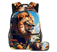 Simpatico leone e fiore si preparano per il successo con il nostro set di 2 zaini per bambini, zaino e astuccio di grande capacità per ragazzi ragazze adolescenti, Multicolore, B：29.4x20x40cm\