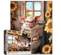 Simpatico maiale sulla toilette puzzle per adulti 1000 pezzi occhiali maiale lettura giornale puzzle per bagno decorazione da parete animale divertente con girasoli impegnativo puzzle regalo per gioco