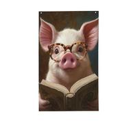 Simpatico maialino che indossa occhiali che legge un libro, bandiere per la casa, 0,9 x 1,5 m, striscione di auguri con occhielli per interni ed esterni, decorazioni per la casa