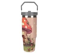 Simpatico Mushroom House, bicchiere da 880 ml con cannuccia, tazza da viaggio isolata in acciaio inox con manico, design a doppia parete, coperchio a prova di perdite, mantiene le bevande calde/fredde