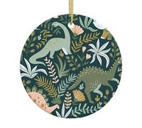 Simpatico ornamento da appendere in ceramica a forma di albero di Natale con stampa di dinosauri, decorazione rotonda per feste di Natale con corda dorata