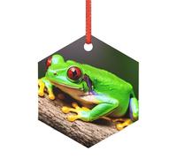 Simpatico ornamento natalizio a forma di rana con occhi rossi, moderna alternativa acrilica a versatili ornamenti natalizi