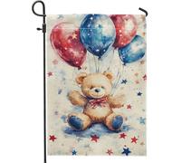Simpatico orso con palloncini bandiera da giardino, decorazione di compleanno rosso blu, fantasioso striscione all'aperto per la camera dei bambini, decorazione per prato in tessuto su entrambi i lati