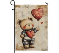 Simpatico orso con palloncino a forma di cuore bandiera da giardino, striscione decorativo rosso e crema per San Valentino, accogliente stile rustico decorazione per prato all'aperto 30,5 x 45,7 cm