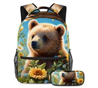 Simpatico orso e fiore per aumentare il tuo gioco di ritorno a scuola, zaino con astuccio set da 2 pezzi, indispensabile per gli studenti, Multicolore, B：29.4x20x40cm P：19x7.5x3.8cm, Zaini Daypack