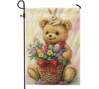 Simpatico orso pasquale con bandiera da giardino con coniglietto e uova, decorazione floreale gialla primaverile per prato esterno, decorazione natalizia in iuta su entrambi i lati, 30,5 x 45,7 cm