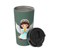 Simpatico piccolo angelo porta una tazza da caffè isolata. Elegante thermos da 500 ml che mantiene le bevande calde per ore, perfetto per caffè, tè e altro ancora.