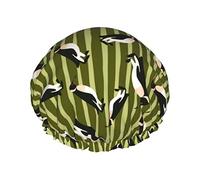 Simpatico pinguino e cuffia da doccia con motivo a strisce verdi da donna Cuffia per capelli lunghi riutilizzabili con fascia elastica Cappello da doccia a doppio strato per adulti Bambini