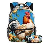 Simpatico pollo e fiore migliora il tuo stile di ritorno a scuola con il nostro set di 2 zaini, zaino di grande capacità con astuccio per ragazzi, ragazze e adolescenti, Multicolore, B:29.4x20x40cm\