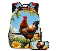 Simpatico pollo e fiore per migliorare lo stile della scuola, set di 2 zaini per bambini con zaino e astuccio, Multicolore, B:29.4x20x40cm P:19x7.5x3.8cm, Zaini Daypack