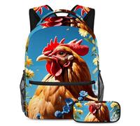 Simpatico pollo e fiore preparati per la scuola con il nostro zaino e astuccio da 2 pezzi, set di zaini tutto in uno per ragazzi, ragazze, adolescenti, Multicolore, B：29.4x20x40cm P：19x7.5x3.8cm,