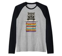 Simpatico Procione Che Legge sul Mucchio di Libri Divertente Maglia con Maniche Raglan