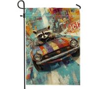 Simpatico procione guida retrò auto giardino bandiera, colorato animale decorazione casa, decorazione stagionale all'aperto prato bandiera stile fantasioso 30,5 x 45,7 cm