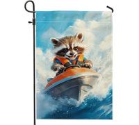 Simpatico procione su Jet Ski Garden Flag, colorato cartone animato animale stagionale decorazione per esterni, striscione a doppio lato per casa e celebrazioni di vacanza 30,5 x 45,7 cm