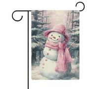 Simpatico pupazzo di neve sorridente che indossa cappello rosa bandiera da giardino stagionale vacanza iuta doppia faccia casa cortile bandiere esterne 30,5 x 45,7 cm