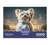 Simpatico puzzle da 1000 pezzi con cane domestico: Biewer Terrier con fiocco blu per adulti, adolescenti e anziani, gioco rompicapo 52x38 cm/1000 pezzi